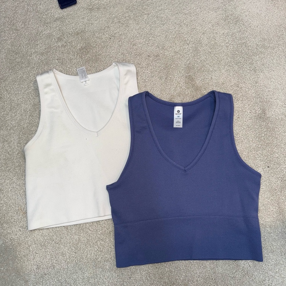 90 Degree By Reflex White and Blue Sleeveless Crop Tank Tops